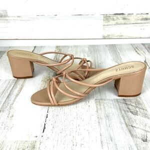 Schutz Princey Womens 11 Beige Leather Strappy Block Heel Slip On Sandals NEW